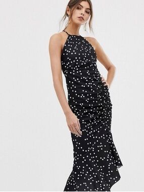 NWOT asos Black Polka Dot Halter Midi Dress
